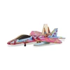 A colourful wooden model jet featuring pink, blue, and yellow designs, with intricate detailing and a logo present.