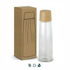 A drink bottle with a clear glass body and a natural wood lid, packaged in a simple cardboard box.