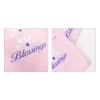 A chiffon long scarf in pink featuring a floral design and the word "Blessings" in purple. It has a subtle, soft texture.