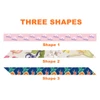 Three patterned ribbons in various designs, showcasing floral and fruit motifs in pink, cream, and blue colours.