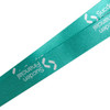A teal RPET lanyard with printed branding, featuring a sleek and smooth texture.