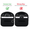 A black RFID blocking key pouch with two pockets, one demonstrating correct usage and one showing incorrect usage.