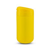 A yellow coffee cup with a rounded lid and a sleek design. It features a logo.