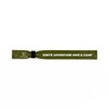 A green wristband with a logo and text detailing an adventure hiking and camping theme.