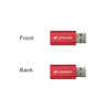 A red USB data blocker with a metallic finish, displaying a logo on both the front and back.