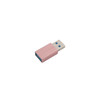 A pink USB data blocker with a silver connector, featuring a logo on its surface.