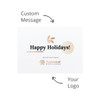 A festive card with a light background featuring holiday greetings and space for a custom message and logo.