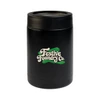A black drink bottle with a logo, featuring a cylindrical design suitable for festive occasions.