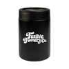 A black drink bottle with a silver top and a logo on the front, designed for festive occasions.
