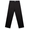 Black relaxed pants with a straight leg design, featuring a waistband and button closure. Includes a logo on the waistband.