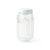 A clear plastic salad jar with a white lid and a unique curved design. It features a logo on the side.