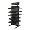 A black hat rack with six mesh shelves and a logo at the top, designed for displaying hats or accessories.