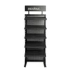 A black hat rack with five shelves and a top sign featuring a logo.
