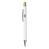 A white pen with a chrome clip and a green rubber tip, featuring a logo on the barrel.