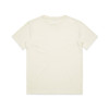 A plain cream T-shirt with a round neck and short sleeves, featuring a small logo on the label.