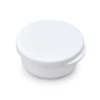 A white circular container with a flat lid and a small handle on the side.