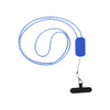 A blue smartphone lanyard with a braided cord and a black attachment clip. Includes a built-in cable.