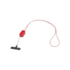 A red smartphone lanyard featuring a built-in 27W 5-in-1 cable, attached to a black clip. Includes a logo.