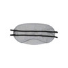 A grey eye mask with black elastic straps and a logo, designed for travel comfort.