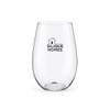 A drink bottle in a clear glass design with a rounded shape, featuring a logo.