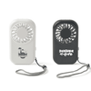 A mini pocket fan in black and white, each with a wrist strap and decorative branding.