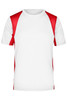 A T-shirt featuring a white body with red sleeves and side panels, including a logo.