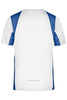 A T-shirt featuring a white base with blue side panels and a logo. Suitable for sports and casual wear.