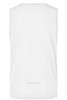 A white men's running tank top featuring a simple design and a logo on the back.