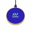 A circular wireless charger in blue with a wooden base and a logo on the surface.