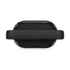 A black Bluetooth speaker with a sleek oval shape and a textured surface, featuring a logo on the side.