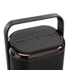 A Bluetooth speaker in black with a sleek design and a handle, featuring control buttons on the top.