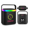A Bluetooth speaker in black with a colourful light band on top, alongside a smaller black device with a knob, both featuring a logo.