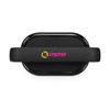 A black Bluetooth speaker with a curved design and a prominent logo.