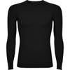 A black long-sleeved t-shirt with a fitted design and a logo on the front.