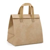 A tan cooler bag with two sturdy handles and decorative stitching, featuring a logo on the front.