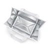 A white cooler bag with a silver insulated interior and two sturdy handles. Features a simple design.