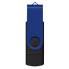 A blue and black dual flash drive with a swivel design and a circular button. The flash drive has a logo.