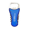 A drink bottle opener in blue with a corkscrew and a silver bottle opener. Features a logo on one side.