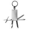 A silver multi-tool keyring featuring various tools, including scissors, a knife, and a bottle opener.