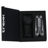 A multifunction tool in a black box, featuring a silver and black design, accompanied by a protective pouch.