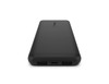 A black power bank with two USB ports and a USB-C port, featuring a logo on the surface.