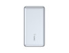 A silver power bank with a sleek design and a logo, featuring a USB cable.