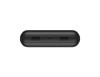 A black power bank with multiple ports visible on the side, featuring a sleek and compact design.