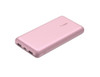 A pink power bank with two USB output ports and a small logo. It features a sleek, minimalist design.