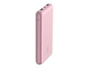 A pink power bank with dual USB ports and a built-in indicator light, featuring a branding logo.