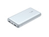 A silver power bank with two USB ports and a USB-C port, featuring a logo.