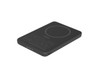 A slim black power bank with a circular area for magnetic attachment and a logo on the surface.