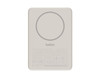 A slim, light grey magnetic power bank with a circular charging area and branding.