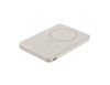A slim, cream-coloured power bank with a circular area, featuring a logo and indicator lights.