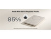A slim white power bank with a circular design and an unobtrusive logo, made from 85% recycled plastic.